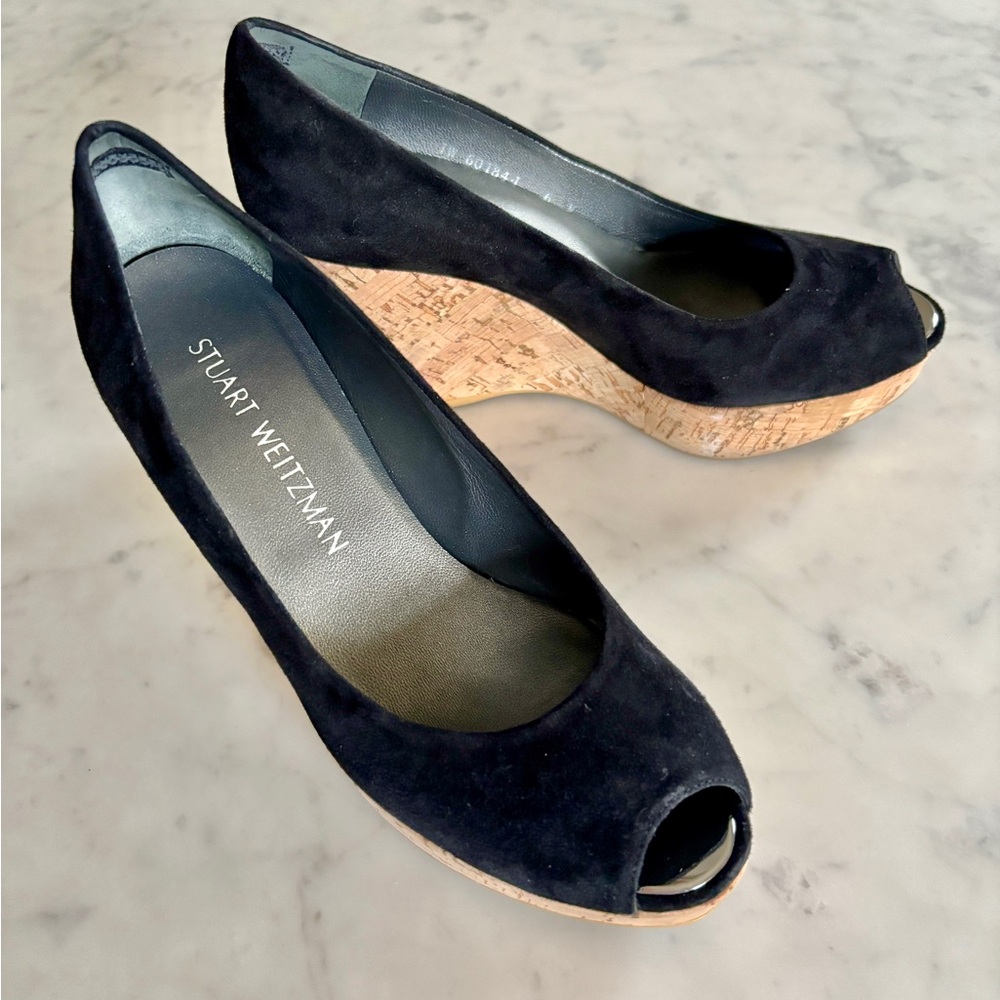 Stuart Weitzman Black Suede Platform Peep-Toe Wedges